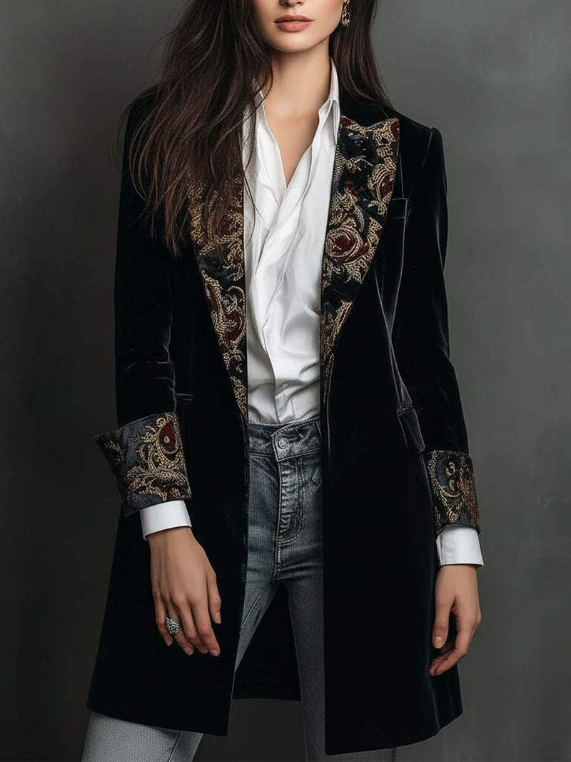 Manteau en Velours à Revers Brocart — Édition Soirée