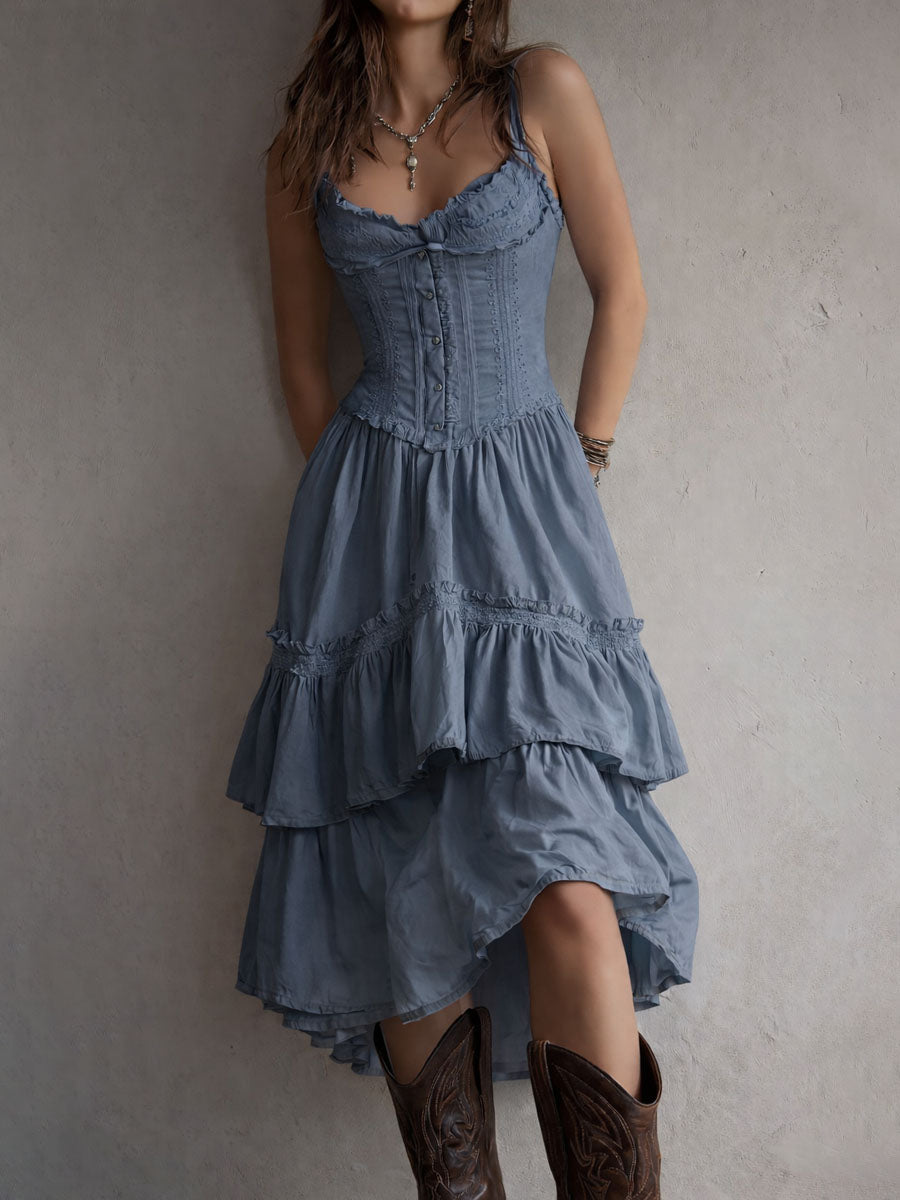 Robe midi rétro bohème à corset, jupe étagée et bordure en dentelle