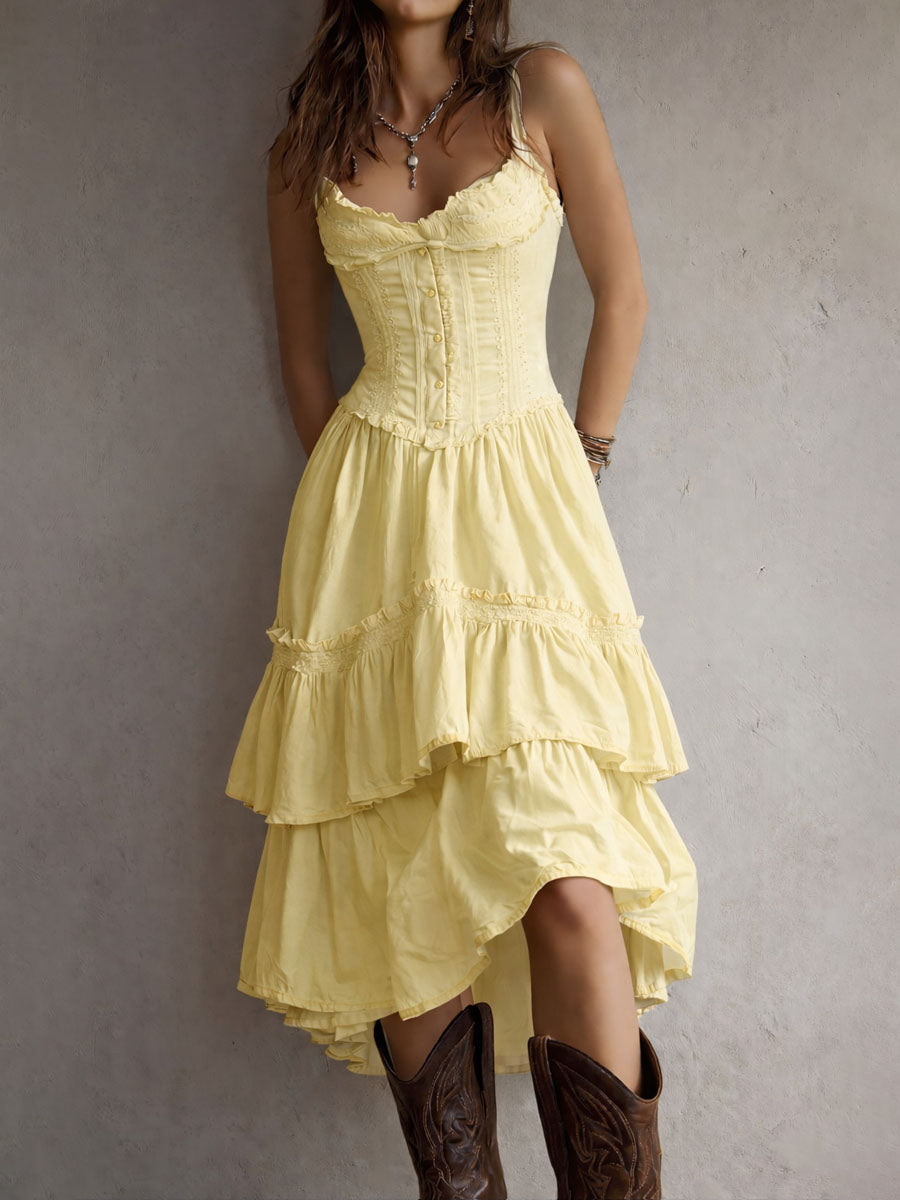 Robe midi rétro bohème à corset, jupe étagée et bordure en dentelle