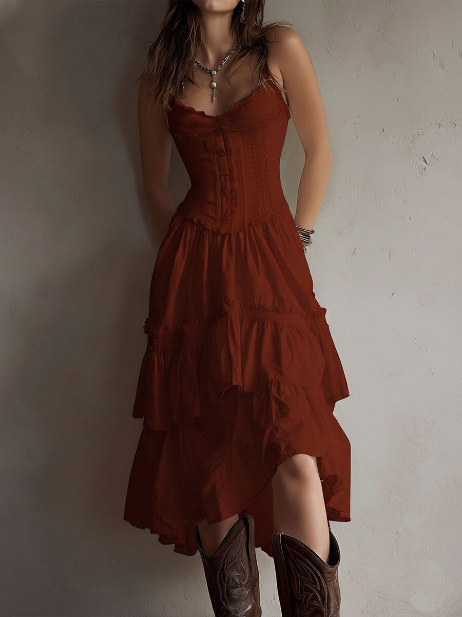 Robe midi rétro bohème à corset, jupe étagée et bordure en dentelle