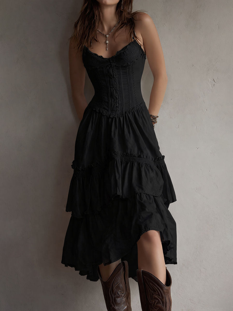 Robe midi rétro bohème à corset, jupe étagée et bordure en dentelle
