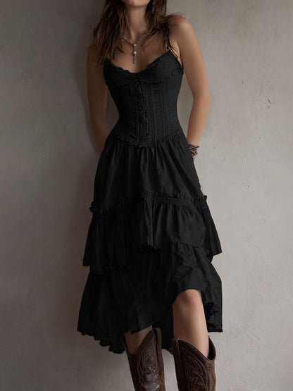 Robe midi rétro bohème à corset, jupe étagée et bordure en dentelle