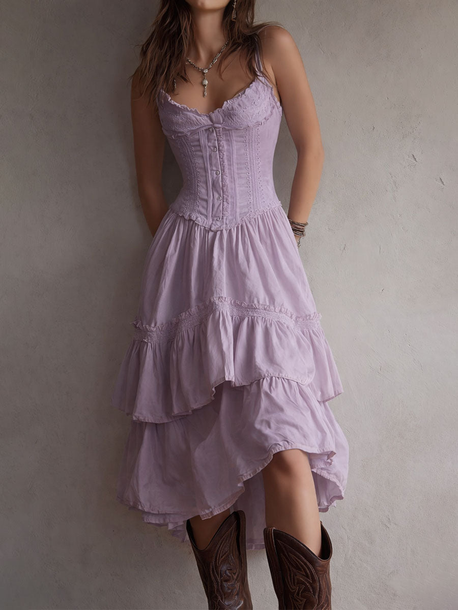 Robe midi rétro bohème à corset, jupe étagée et bordure en dentelle