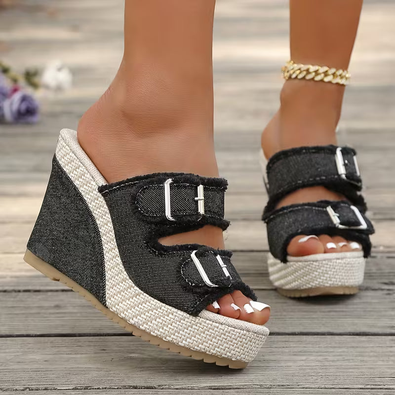 Sandales en denim Elara à talons compensés