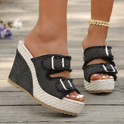 Sandales en denim Elara à talons compensés