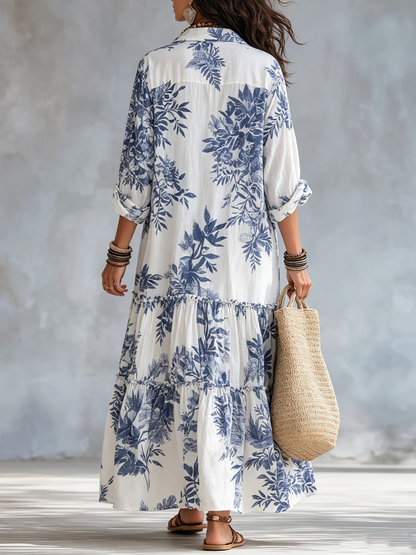 Robe longue bohème à fleurs bleues et boutonnage devant