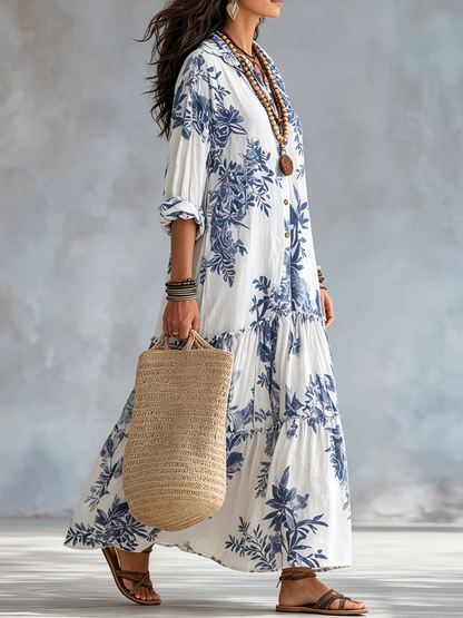 Robe longue bohème à fleurs bleues et boutonnage devant