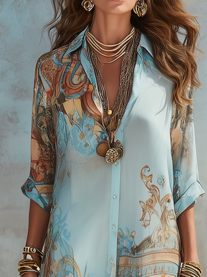 Robe longue en mousseline bleue à fleurs, style baroque