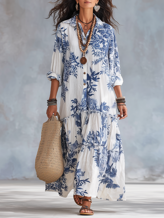 Robe longue bohème à fleurs bleues et boutonnage devant