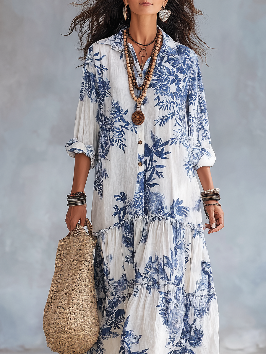 Robe longue bohème à fleurs bleues et boutonnage devant