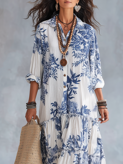 Robe longue bohème à fleurs bleues et boutonnage devant
