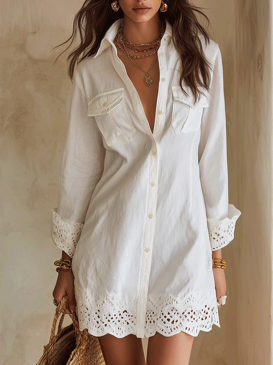 Robe chemise courte blanche resort à ourlet à œillets bohème