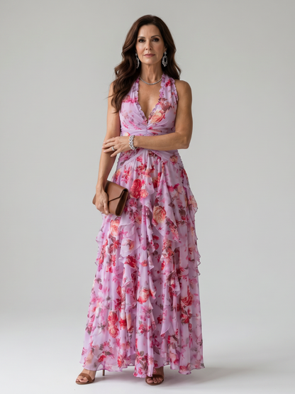 Robe Longue Florale à Col Halter et Buste Froncé NORI