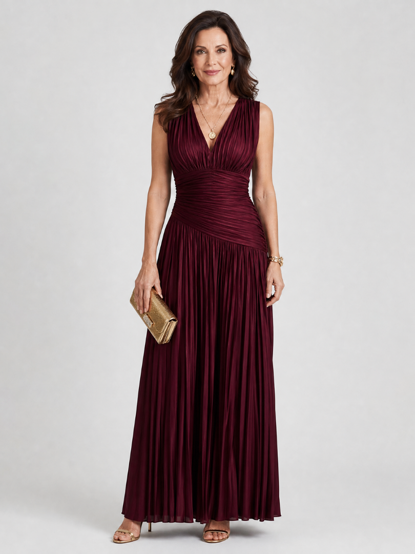 Robe Midi Plissée Sans Manches à Col V LEMAR