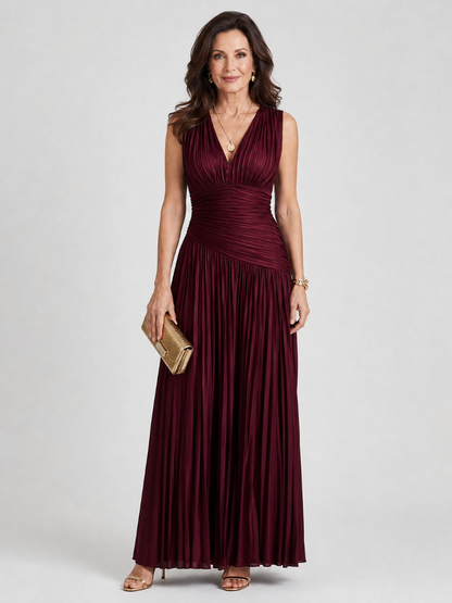 Robe Midi Plissée Sans Manches à Col V LEMAR
