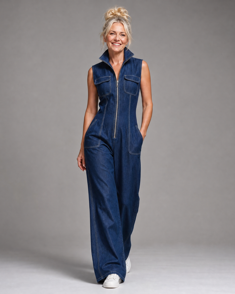 Samantha | Combinaison en denim sans manches zippée à jambes larges
