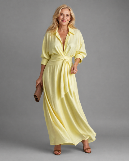 Zelith | Robe midi fluide à col, ceinturée, à manches longues