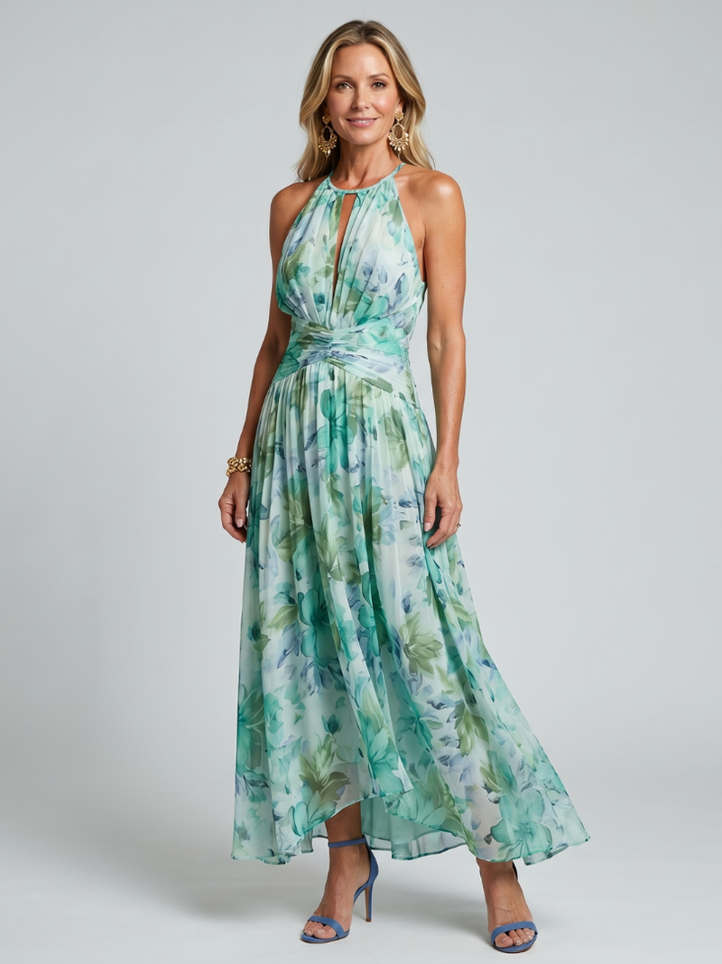 Robe Midi Plissée à Col Halter et Motif Floral Doux PORTIA