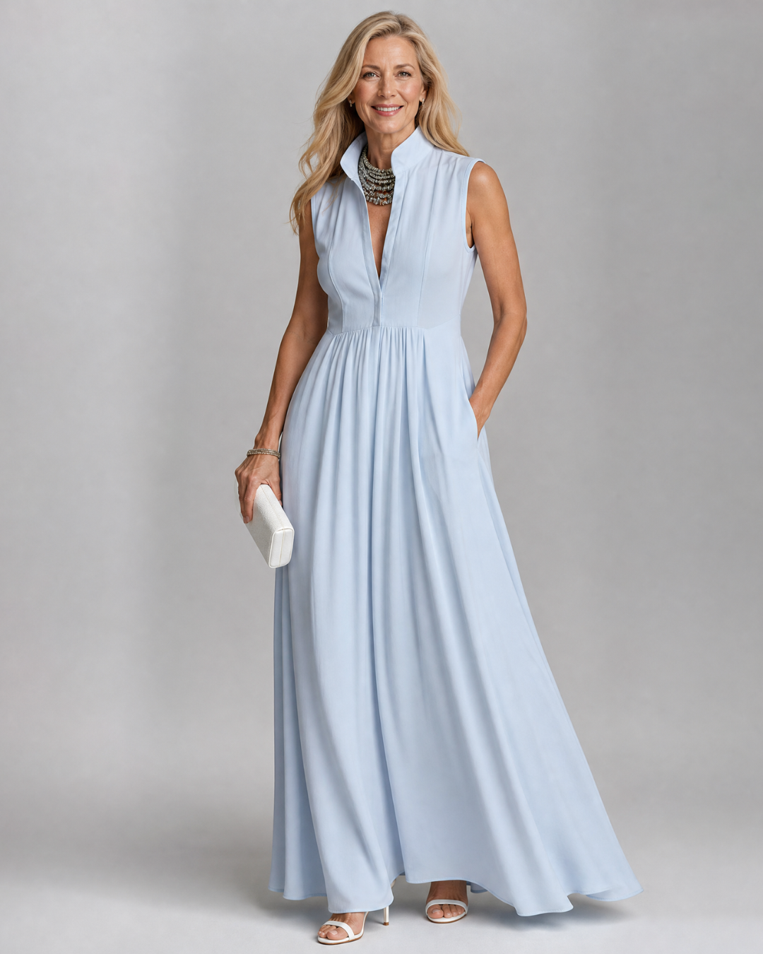 Virelia | Robe longue fluide sans manches à col