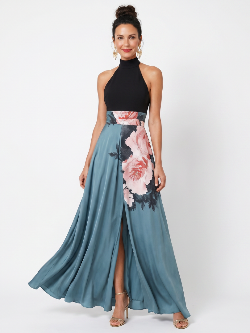 Robe Longue à Buste Halter et Jupe Fleurie OLYMPAS