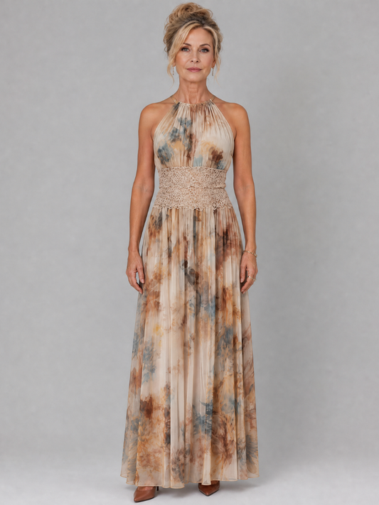 Robe Longue à Col Halter et Taille en Dentelle ELAVENUE