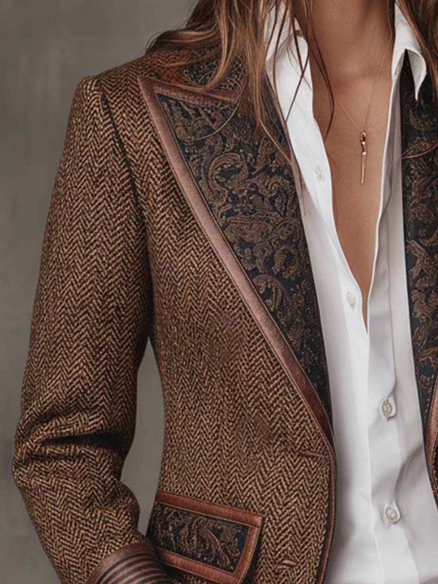 Blazer Tweed Chevron & Cuir à Empiècements Brodés — Pièce Statement
