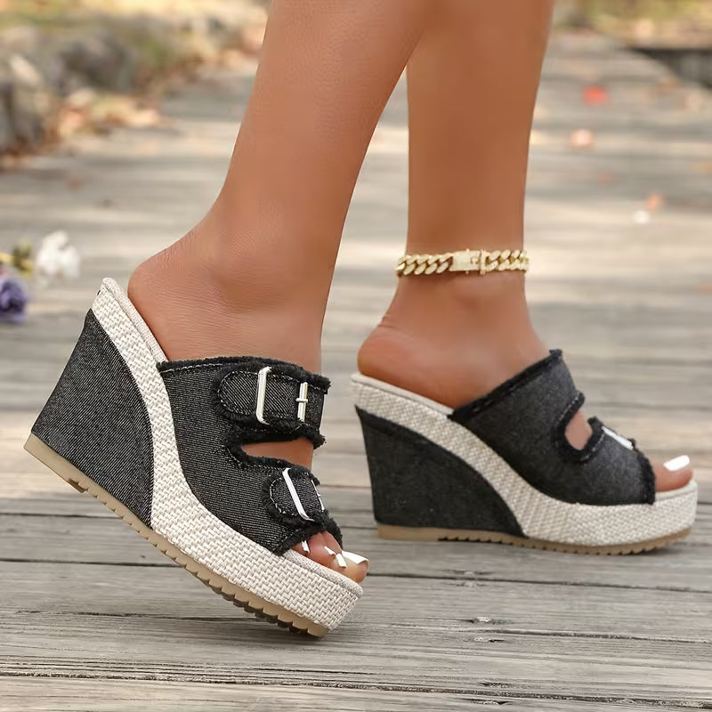 Sandales en denim Elara à talons compensés
