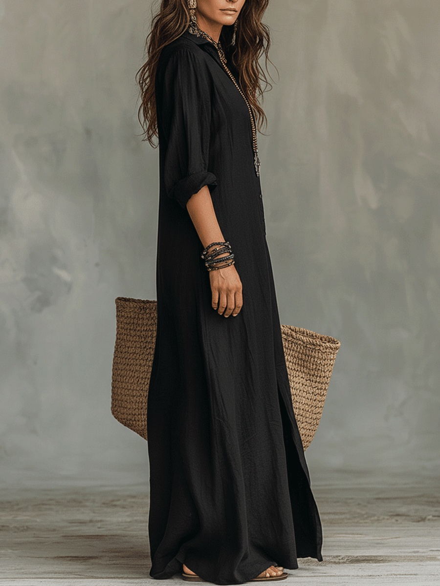 Robe chemise longue bohème à boutonnage devant