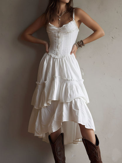 Robe midi rétro bohème à corset, jupe étagée et bordure en dentelle