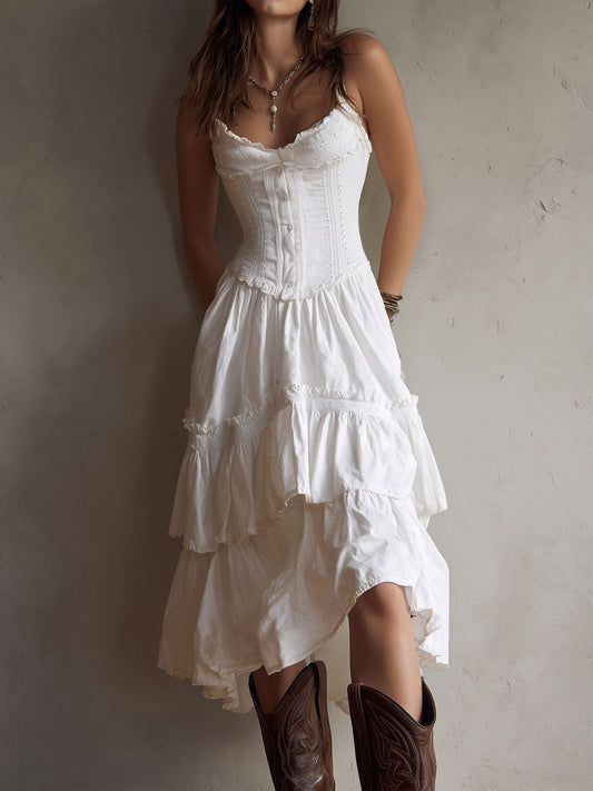 Robe midi rétro bohème à corset, jupe étagée et bordure en dentelle