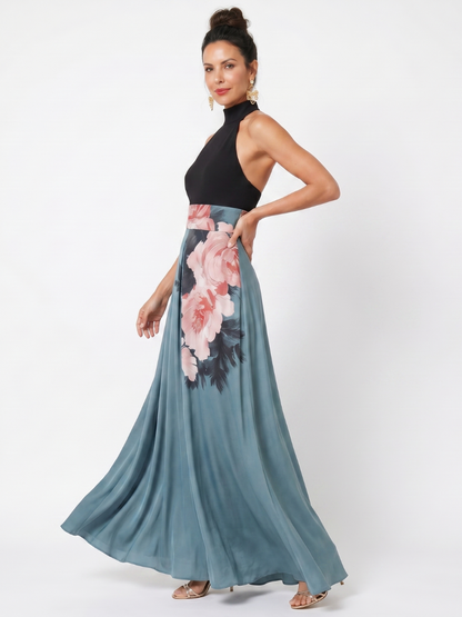 Robe Longue à Buste Halter et Jupe Fleurie OLYMPAS