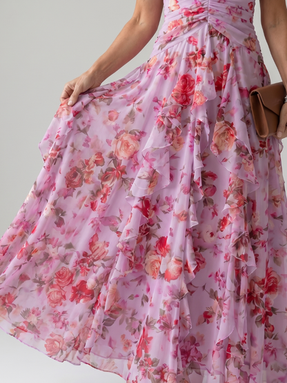 Robe Longue Florale à Col Halter et Buste Froncé NORI