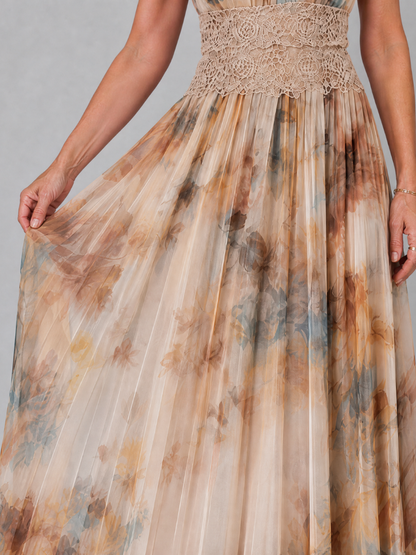 Robe Longue à Col Halter et Taille en Dentelle ELAVENUE