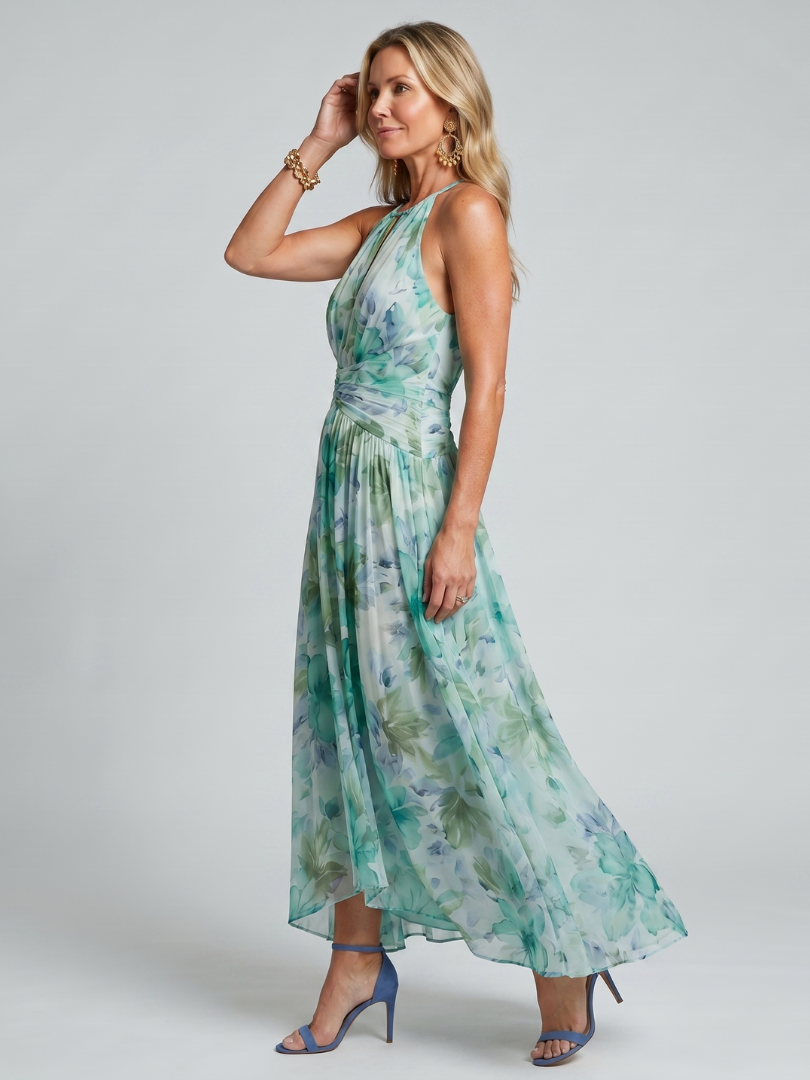 Robe Midi Plissée à Col Halter et Motif Floral Doux PORTIA