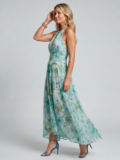 Robe Midi Plissée à Col Halter et Motif Floral Doux PORTIA