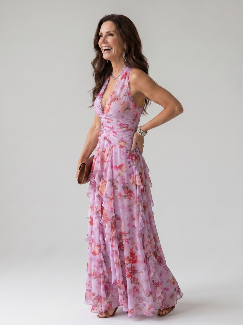 Robe Longue Florale à Col Halter et Buste Froncé NORI