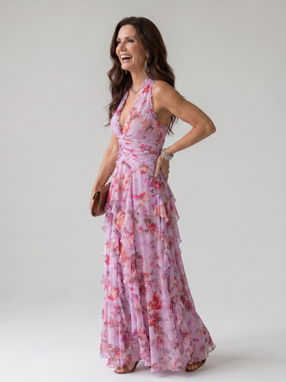 Robe Longue Florale à Col Halter et Buste Froncé NORI