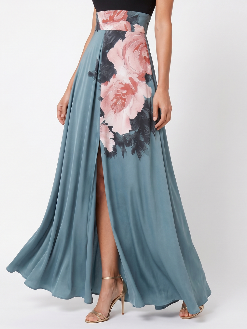 Robe Longue à Buste Halter et Jupe Fleurie OLYMPAS