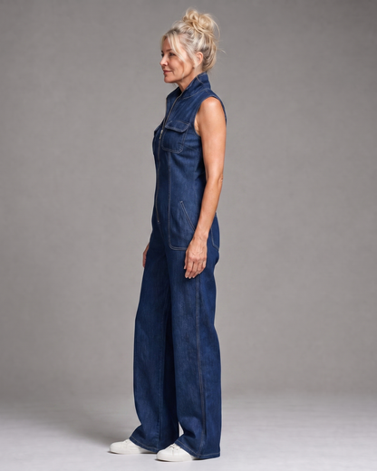 Samantha | Combinaison en denim sans manches zippée à jambes larges