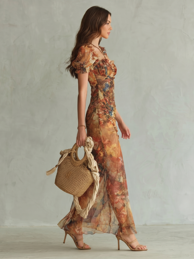 Robe Midi à Manches Volantées et Fente CIEL