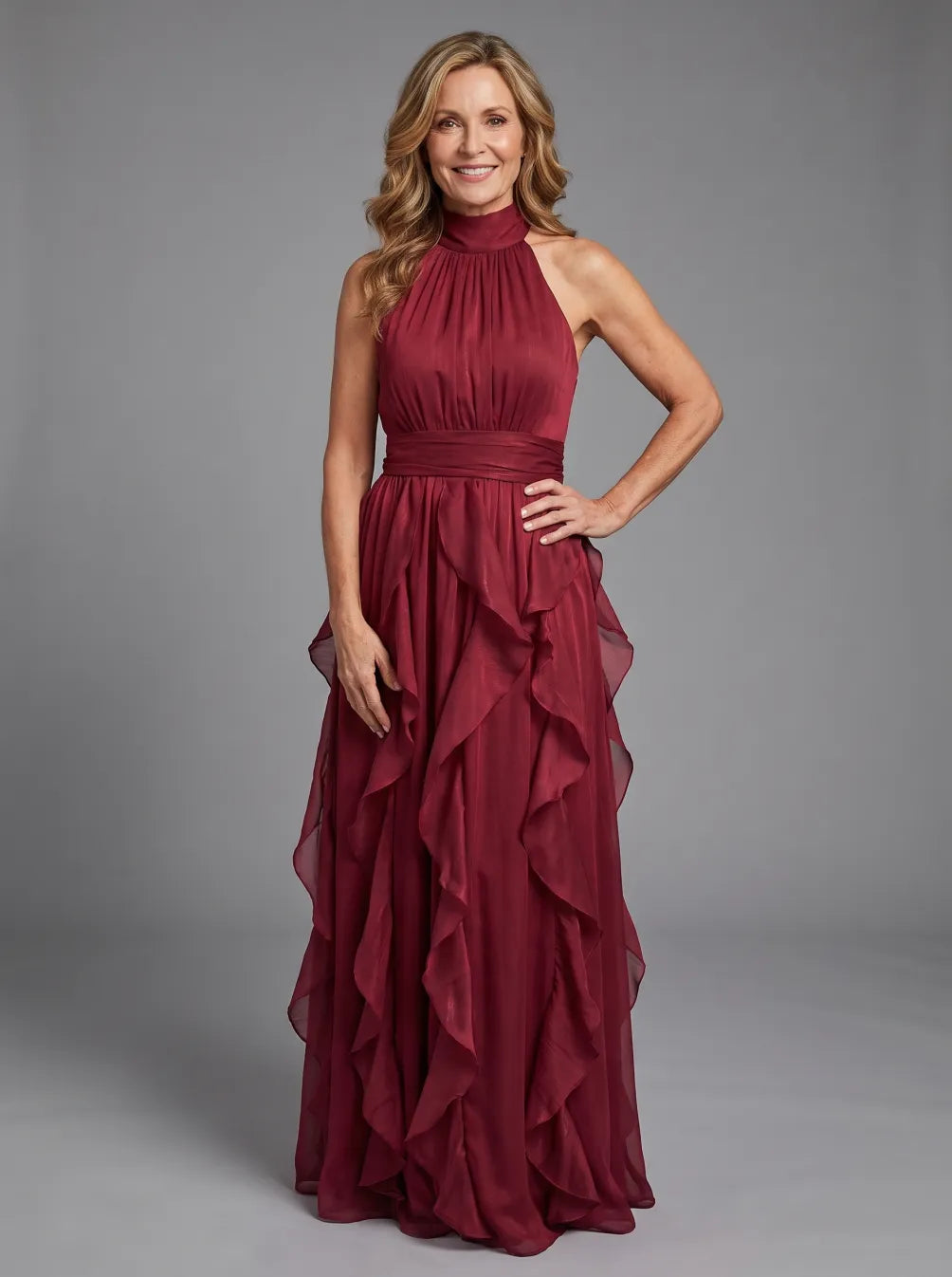 Robe Longue à Col Montant et Volants Superposés OREA