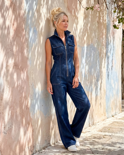 Samantha | Combinaison en denim sans manches zippée à jambes larges