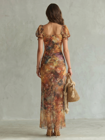 Robe Midi à Manches Volantées et Fente CIEL