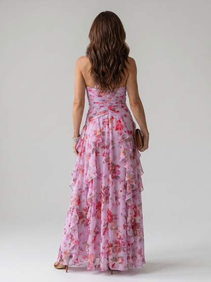 Robe Longue Florale à Col Halter et Buste Froncé NORI