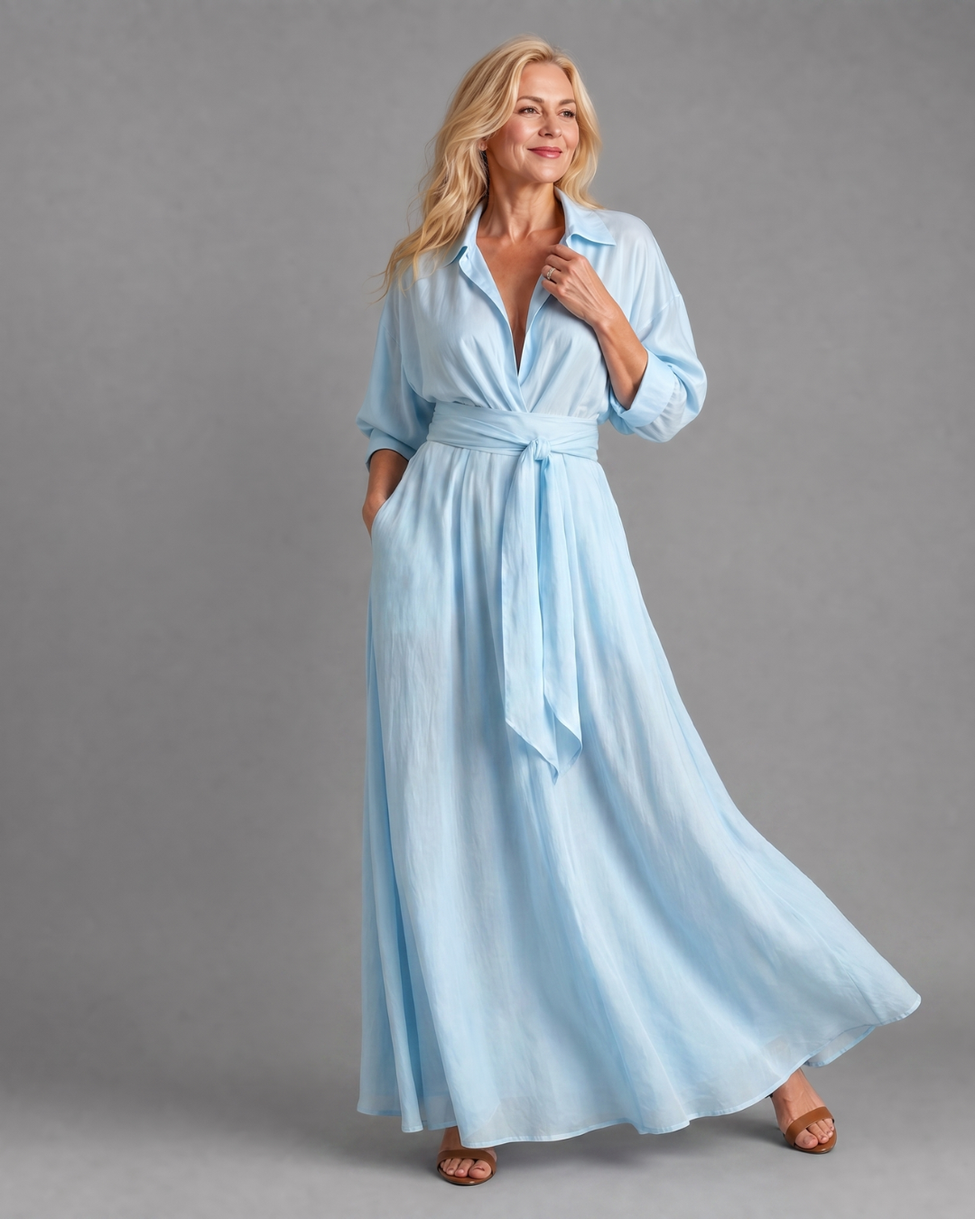 Zelith | Robe midi fluide à col, ceinturée, à manches longues