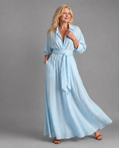 Zelith | Robe midi fluide à col, ceinturée, à manches longues