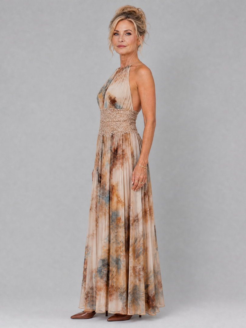 Robe Longue à Col Halter et Taille en Dentelle ELAVENUE