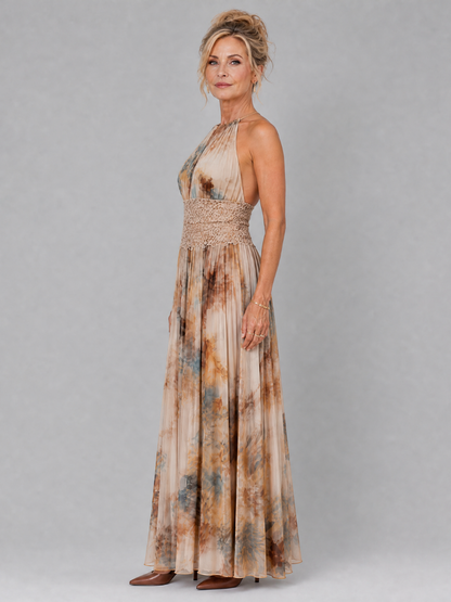 Robe Longue à Col Halter et Taille en Dentelle ELAVENUE