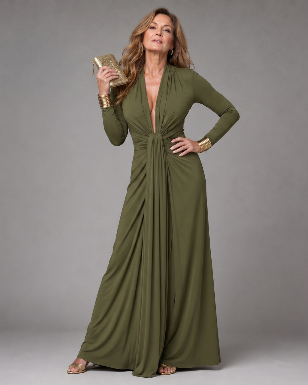 Vimmer | Robe longue drapée à décolleté en V profond et manches longues