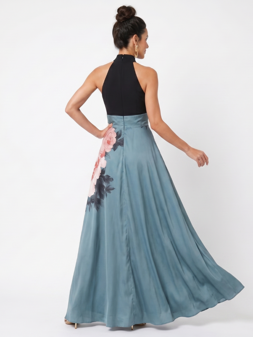 Robe Longue à Buste Halter et Jupe Fleurie OLYMPAS